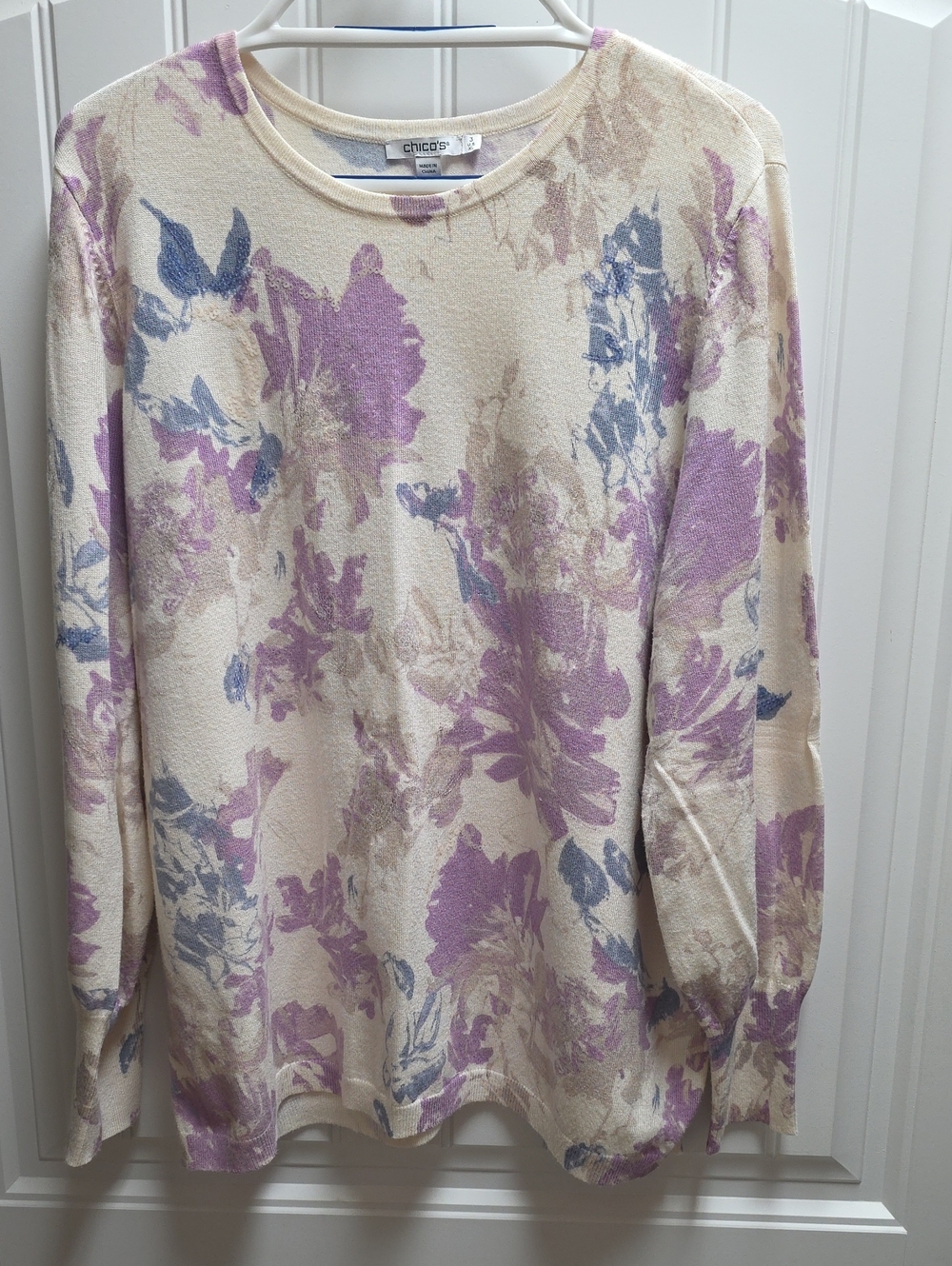 Chico's Cream Sweater with Lavender & Dusty Blue Floral Print 3XL